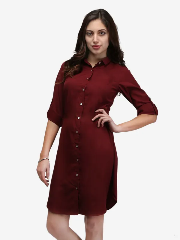 Maroon_Crepe_Button_Up_Roll_Up_Sleeves_Summer_Shirt_Dress
