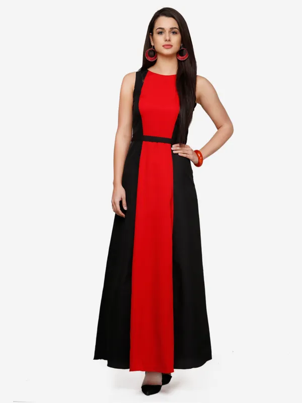 Red_&_Black_Blocked_Plain_Boat_Neck_Sleeveless_Maxi_Dress_For_Women