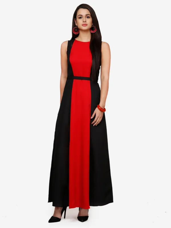 Red_&_Black_Blocked_Plain_Boat_Neck_Sleeveless_Maxi_Dress_For_Women