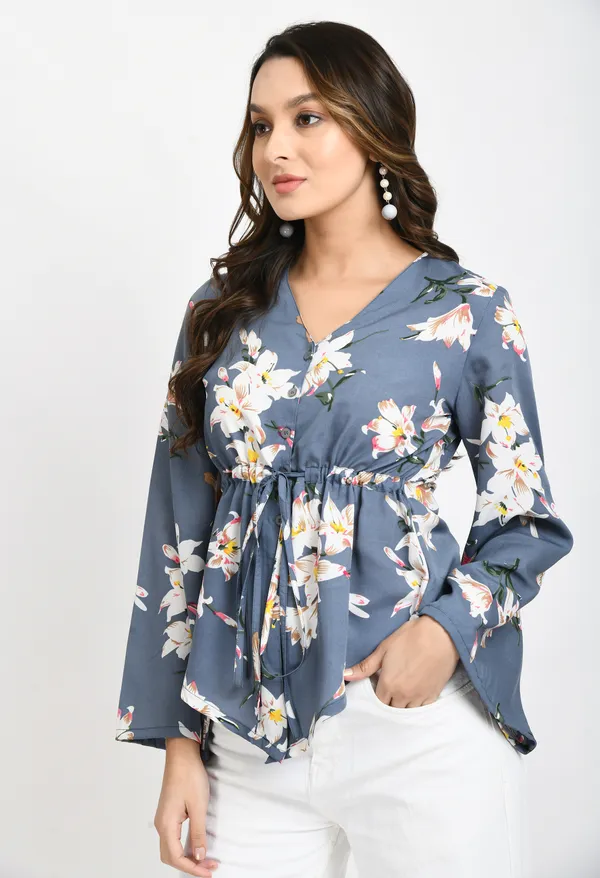 Grey_Floral_Print_Crepe_Cinched_Waist_Longline_Top