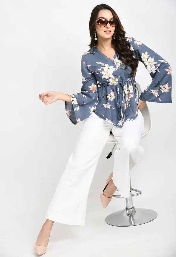 Grey_Floral_Print_Crepe_Cinched_Waist_Longline_Top
