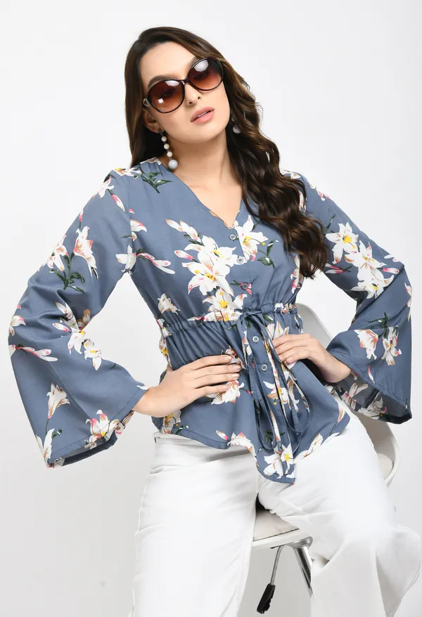 Grey_Floral_Print_Crepe_Cinched_Waist_Longline_Top