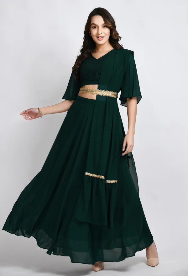 V&M_Green_Blouse_and_Skirt_Set_Comes_with_Embelished_Belt_and_Duptta
