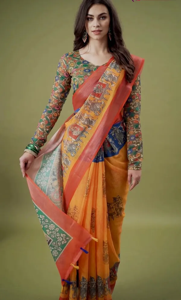 Multicolor_Linen_Jimmy_Choo_Saree_With_Unstitched_Blouse_For_Women