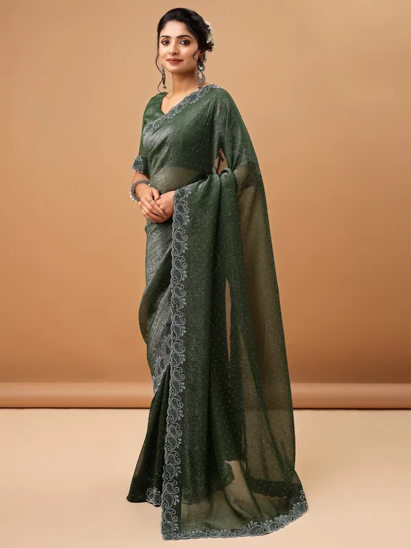 Green_Jimmy_Choo_Satin_Saree_With_Unstitched_Blouse_For_Women
