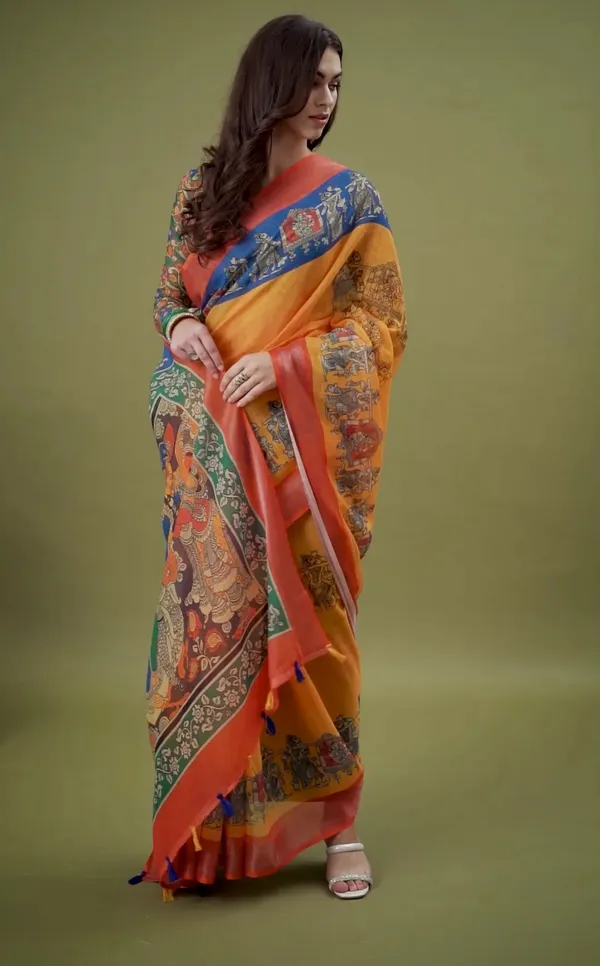 Multicolour_Linen_Saree_With_Unstitched_Blouse_For_Women