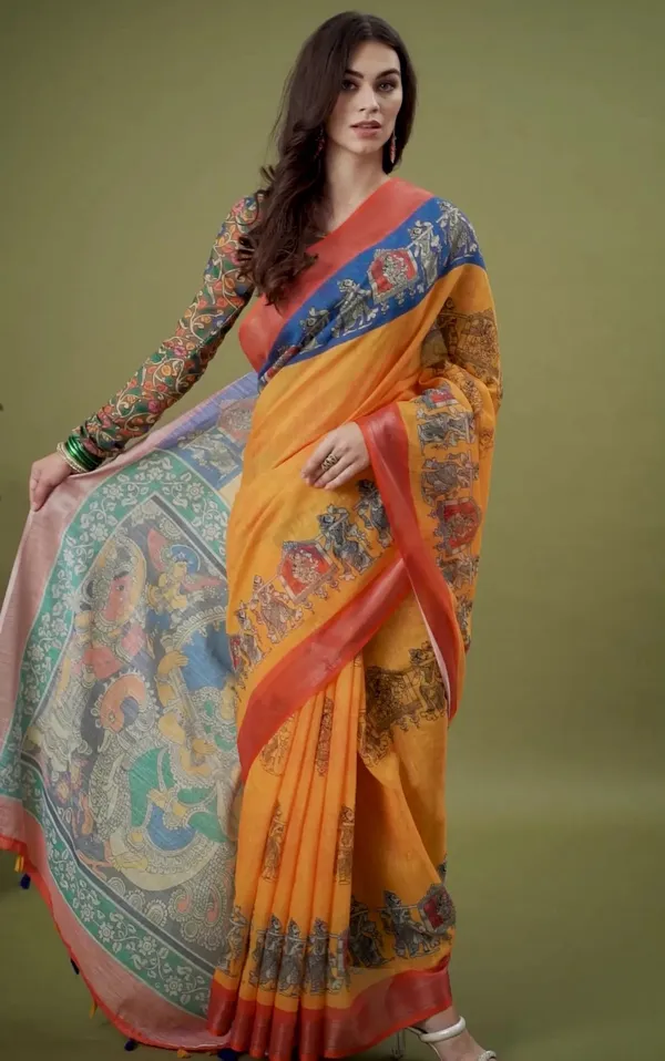 Multicolour_Linen_Saree_With_Unstitched_Blouse_For_Women