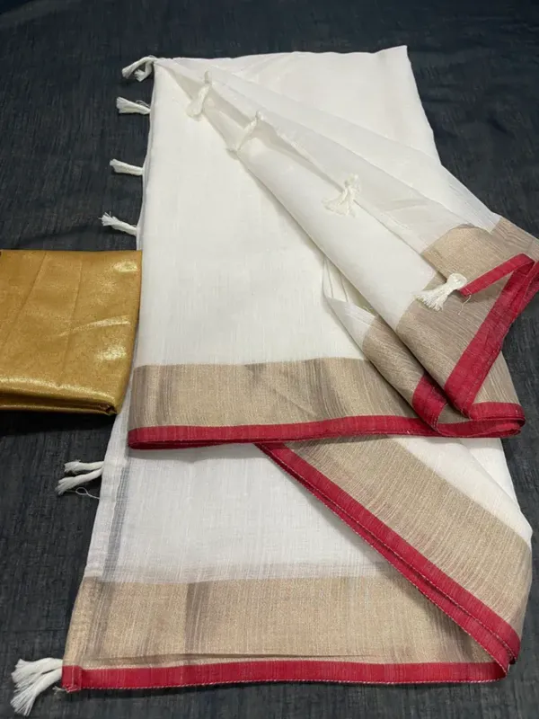 White_Linen_Saree_With_Unstitched_Blouse_For_Women