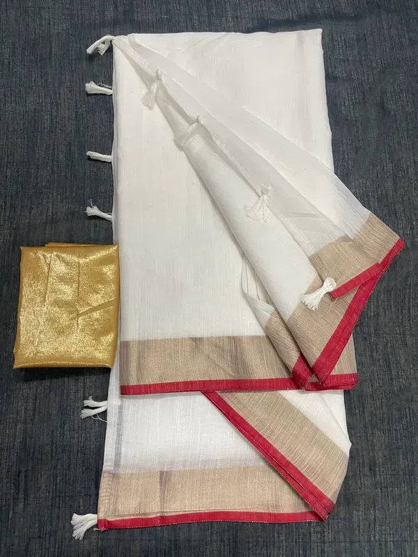 White_Linen_Saree_With_Unstitched_Blouse_For_Women