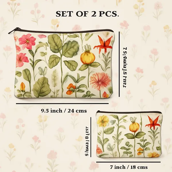 Botanical_Floral_Print_Makeup_Bags_Set_of_2,_Zipper_Pouches,_Pink_Yellow_Orange_Flowers,_24_cm_and_18_cm_Travel_Cosmetic_Organizers
