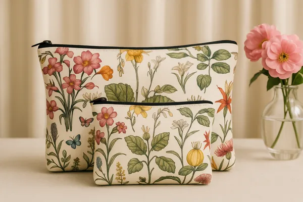 Botanical_Floral_Print_Makeup_Bags_Set_of_2,_Zipper_Pouches,_Pink_Yellow_Orange_Flowers,_24_cm_and_18_cm_Travel_Cosmetic_Organizers