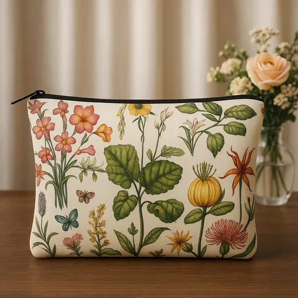 Botanical_Floral_Print_Makeup_Bags_Set_of_2,_Zipper_Pouches,_Pink_Yellow_Orange_Flowers,_24_cm_and_18_cm_Travel_Cosmetic_Organizers