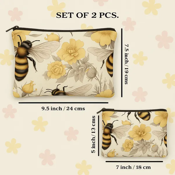 Floral_Bee_Pattern_Cosmetic_Pouch_Set,_2_Pieces,_Yellow_and_Cream_Makeup_Bags_with_Zipper_Closure,_24_cm_x_13_cm_and_18_cm_x_19_cm
