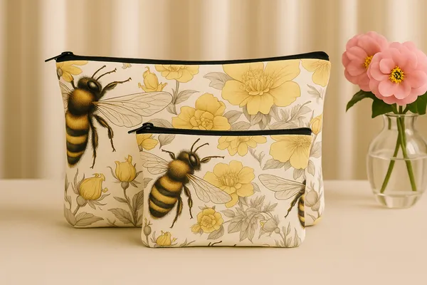 Floral_Bee_Pattern_Cosmetic_Pouch_Set,_2_Pieces,_Yellow_and_Cream_Makeup_Bags_with_Zipper_Closure,_24_cm_x_13_cm_and_18_cm_x_19_cm