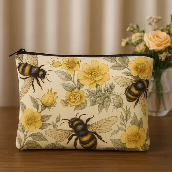 Floral_Bee_Pattern_Cosmetic_Pouch_Set,_2_Pieces,_Yellow_and_Cream_Makeup_Bags_with_Zipper_Closure,_24_cm_x_13_cm_and_18_cm_x_19_cm