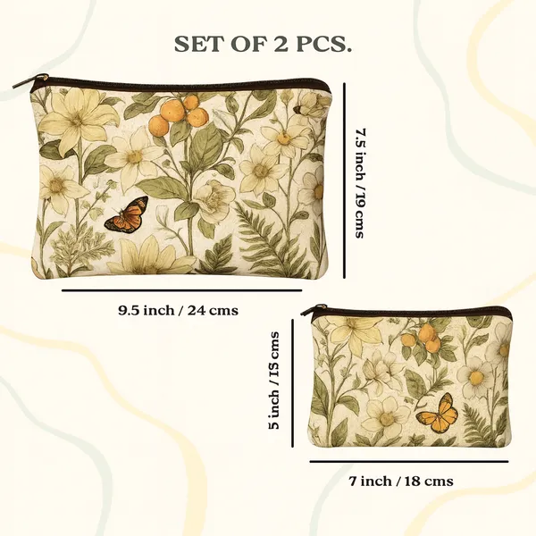 Floral_Butterfly_Print_Makeup_Pouch_Set,_2_Pieces,_Cream_Canvas_Travel_Organizer_Bags,_Large_24x19cm_and_Small_18x13cm_with_Zipper_Closure