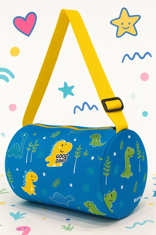 Kids_Dinosaur_Print_Duffle_Bag,_Turquoise_Blue_with_Yellow_Strap