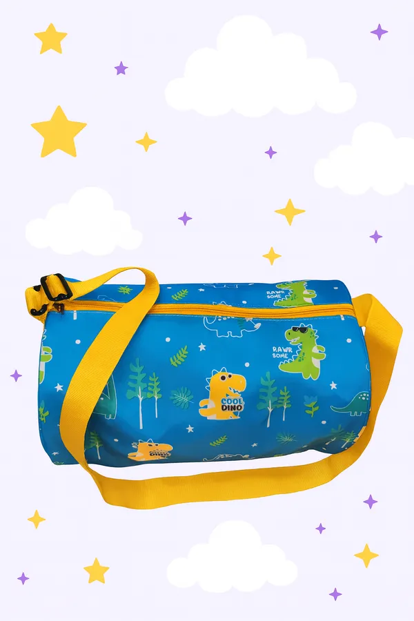 Kids_Dinosaur_Print_Duffle_Bag,_Turquoise_Blue_with_Yellow_Strap