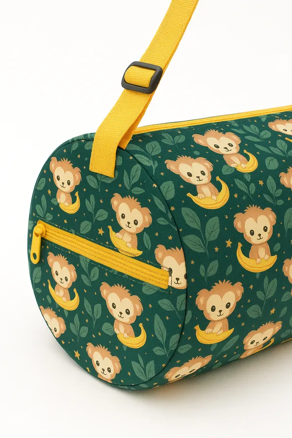 Kids_Duffel_Bag_with_Monkey_and_Banana_Print,_Green_with_Yellow_Strap,_Adjustable_Shoulder_Bag