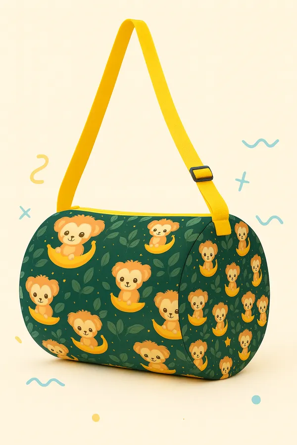 Kids_Duffel_Bag_with_Monkey_and_Banana_Print,_Green_with_Yellow_Strap,_Adjustable_Shoulder_Bag