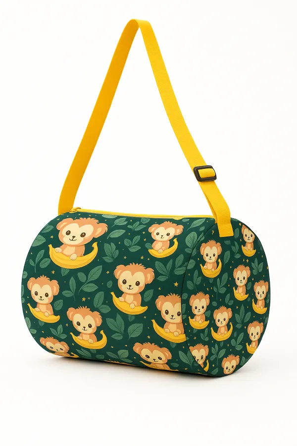 Kids_Duffel_Bag_with_Monkey_and_Banana_Print,_Green_with_Yellow_Strap,_Adjustable_Shoulder_Bag