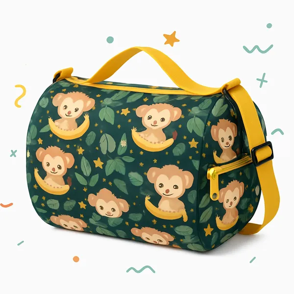 Kids_Duffel_Bag_with_Monkey_and_Banana_Print,_Green_with_Yellow_Strap,_Adjustable_Shoulder_Bag