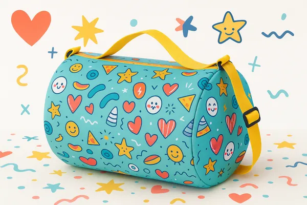 Kids_Duffle_Bag_with_Fun_Pattern,_Turquoise_Blue_with_Stars_and_Hearts,_Yellow_Adjustable_Strap