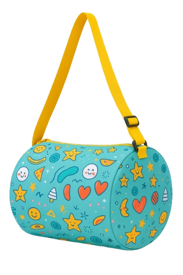 Kids_Duffle_Bag_with_Fun_Pattern,_Turquoise_Blue_with_Stars_and_Hearts,_Yellow_Adjustable_Strap