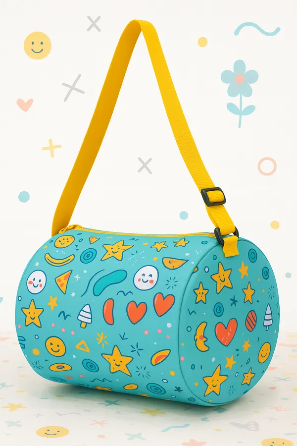 Kids_Duffle_Bag_with_Fun_Pattern,_Turquoise_Blue_with_Stars_and_Hearts,_Yellow_Adjustable_Strap