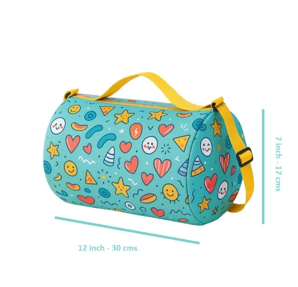 Kids_Duffle_Bag_with_Fun_Pattern,_Turquoise_Blue_with_Stars_and_Hearts,_Yellow_Adjustable_Strap