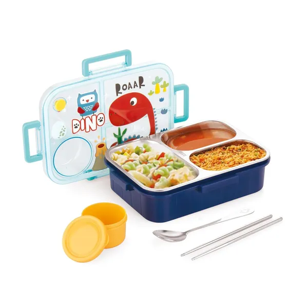 Kids_Lunch_Box_Dino_Printed_With_Inner_Stainless_Steel_3_Compartment_1_Small_Container_Air_Tight_Leak_Proof_BPA_Free_750ml+80ml-_Blue