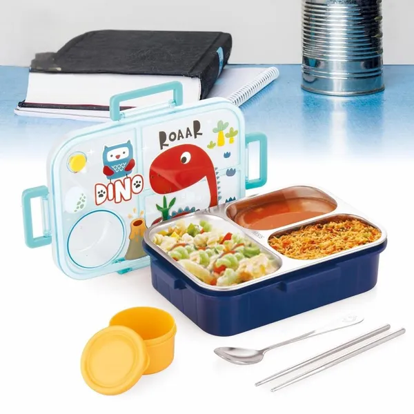 Kids_Lunch_Box_Dino_Printed_With_Inner_Stainless_Steel_3_Compartment_1_Small_Container_Air_Tight_Leak_Proof_BPA_Free_750ml+80ml-_Blue
