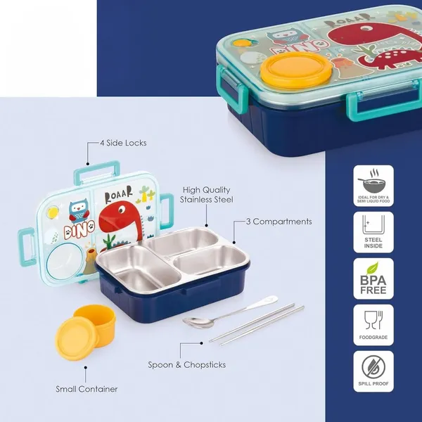 Kids_Lunch_Box_Dino_Printed_With_Inner_Stainless_Steel_3_Compartment_1_Small_Container_Air_Tight_Leak_Proof_BPA_Free_750ml+80ml-_Blue