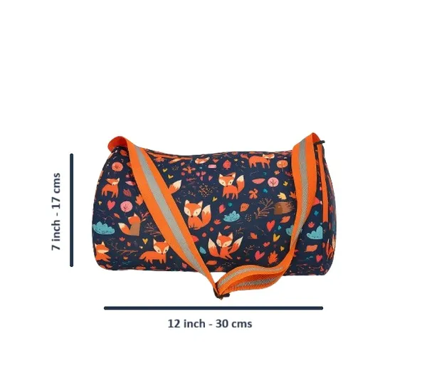 Woodland_Fox_Pattern_Duffel_Bag_with_Adjustable_Orange_Strap,_Navy_Blue