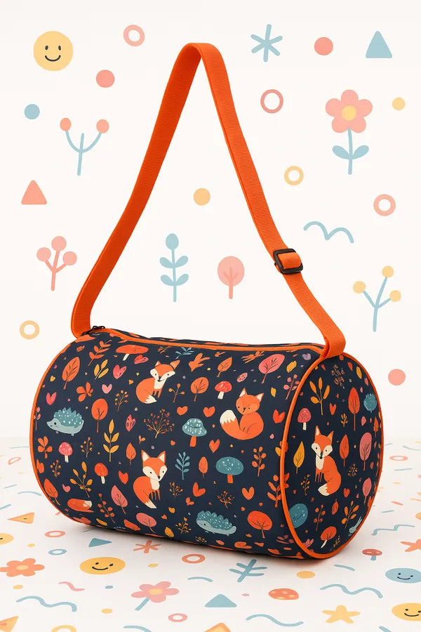 Woodland_Fox_Pattern_Duffel_Bag_with_Adjustable_Orange_Strap,_Navy_Blue