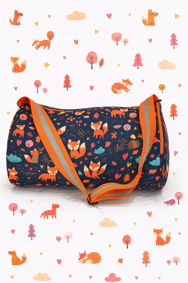 Woodland_Fox_Pattern_Duffel_Bag_with_Adjustable_Orange_Strap,_Navy_Blue