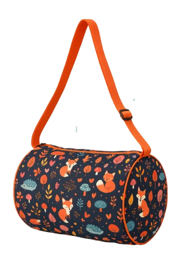Woodland_Fox_Pattern_Duffel_Bag_with_Adjustable_Orange_Strap,_Navy_Blue