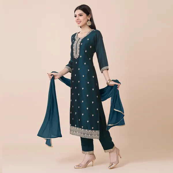 Bottle_Green_Silk_Embroidered_Suit_Set_|_For_Women