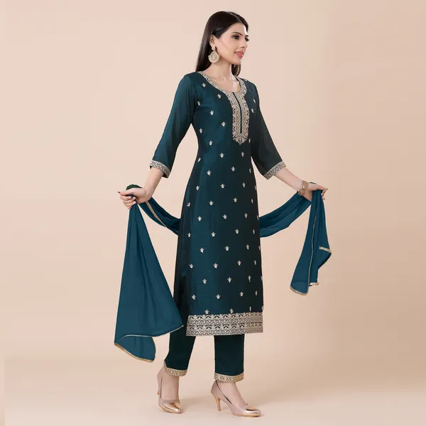 Bottle_Green_Silk_Embroidered_Suit_Set_|_For_Women