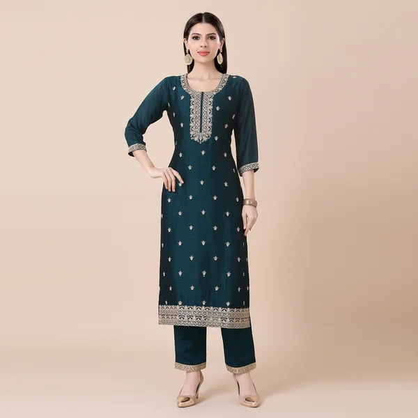 Bottle_Green_Silk_Embroidered_Suit_Set_|_For_Women