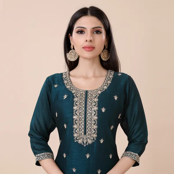 Bottle_Green_Silk_Embroidered_Suit_Set_|_For_Women
