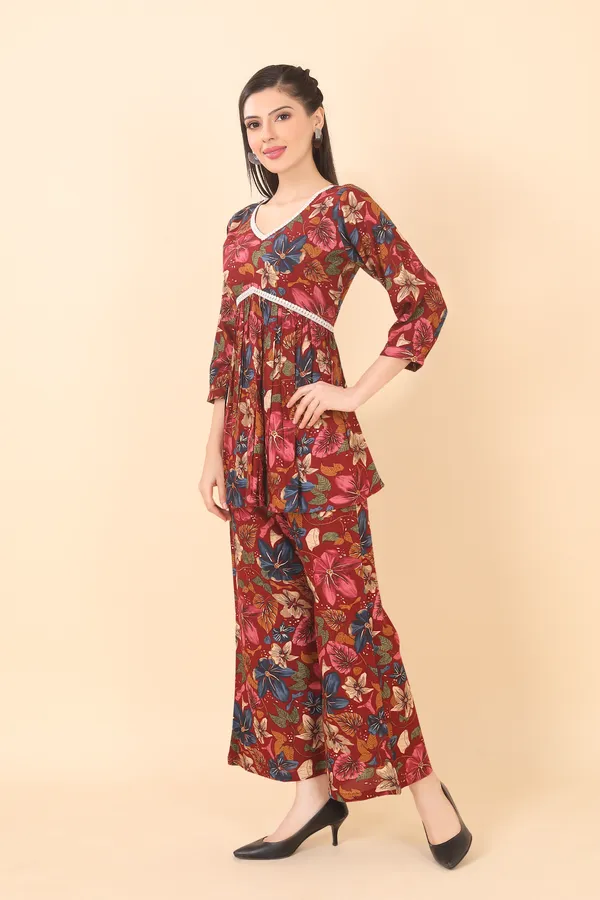 Maroon_Cotton_Embellished_Floral_Printed_Co-Ord_Set_|_For_Women