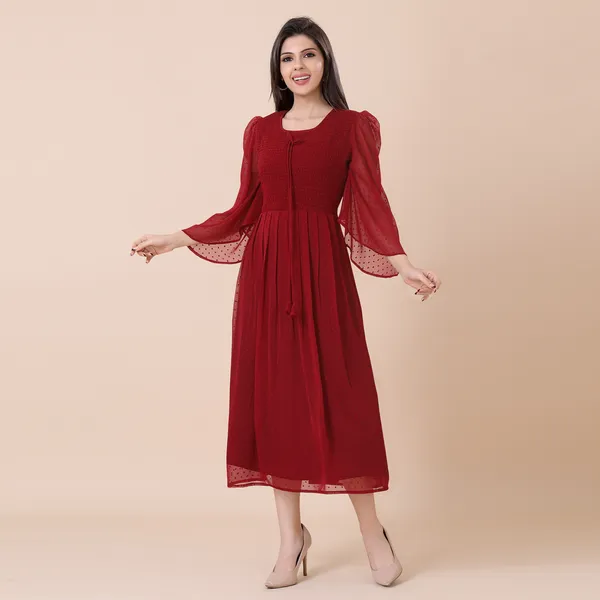 Maroon_Georgette_Self_Woven_Dress_|_For_Women