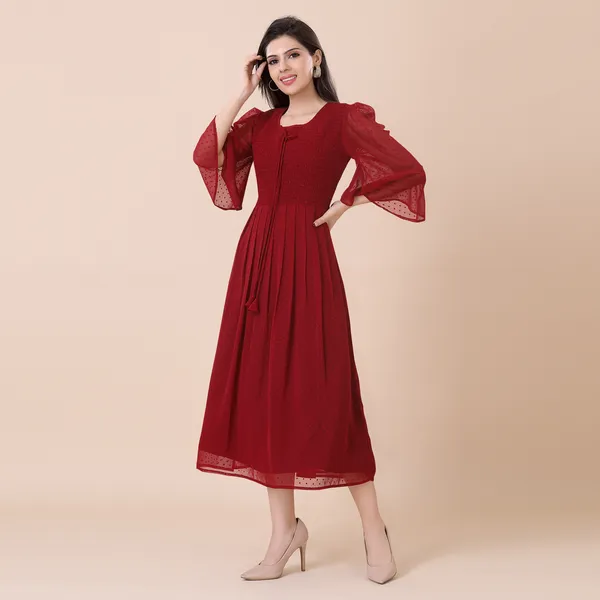 Maroon_Georgette_Self_Woven_Dress_|_For_Women