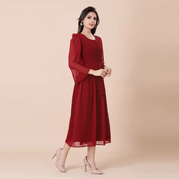 Maroon_Georgette_Self_Woven_Dress_|_For_Women