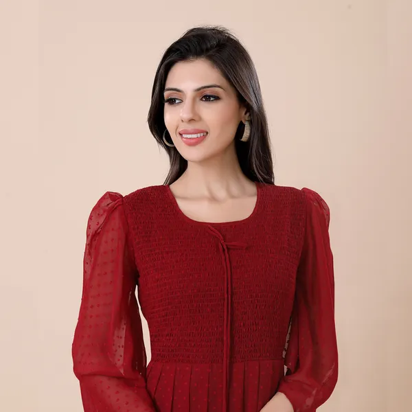 Maroon_Georgette_Self_Woven_Dress_|_For_Women