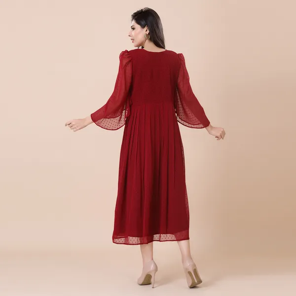 Maroon_Georgette_Self_Woven_Dress_|_For_Women