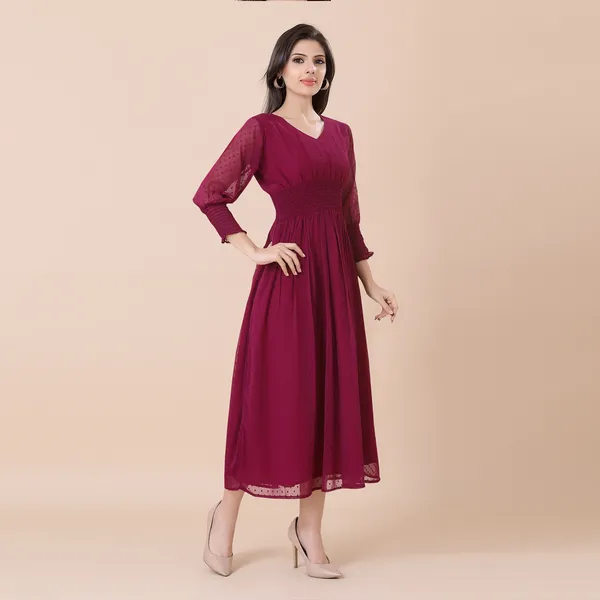 Wine_Georgette_Self_Woven_Dress_|_For_Women