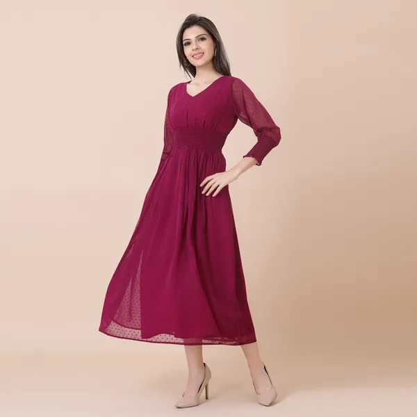 Wine_Georgette_Self_Woven_Dress_|_For_Women