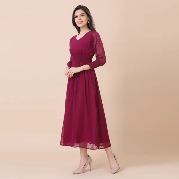 Wine_Georgette_Self_Woven_Dress_|_For_Women